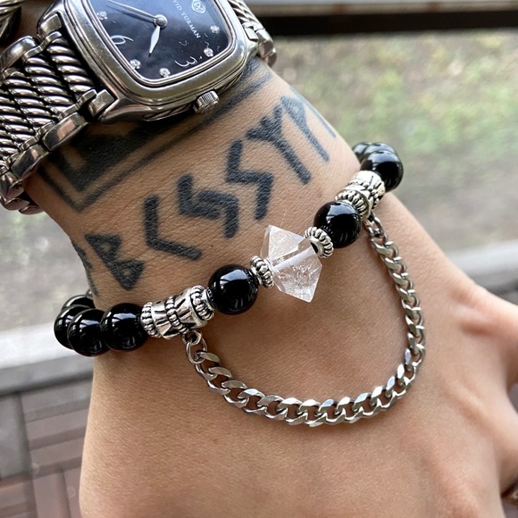 Herkimer diamond onyx & curb dangly chain bracelet - Picture 9 of 16